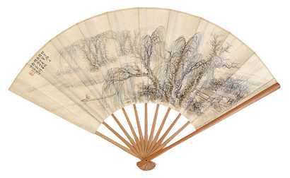 郭兰祥 史喻庵 柳岸归艇 书法 成扇